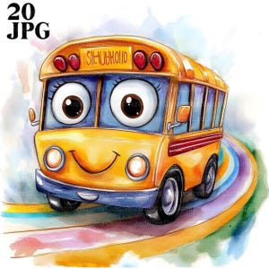 20 Cute Bus Clipart, Adorable School Bus Clipart, High Quality JPG, Watercolor Clipart, Junk Journal, Digital Download, Paper Craft Clip Art