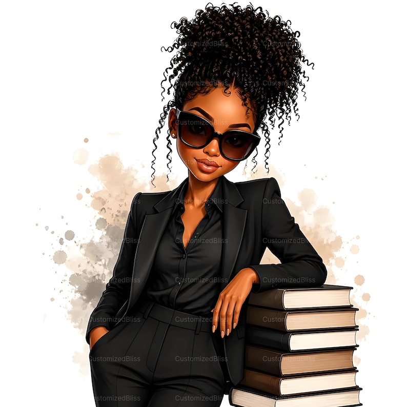 May include: Illustration of a woman in a black suit and sunglasses, leaning on a stack of books. The woman has dark curly hair and is wearing a black button-down shirt. The background has watercolor-like splatters.