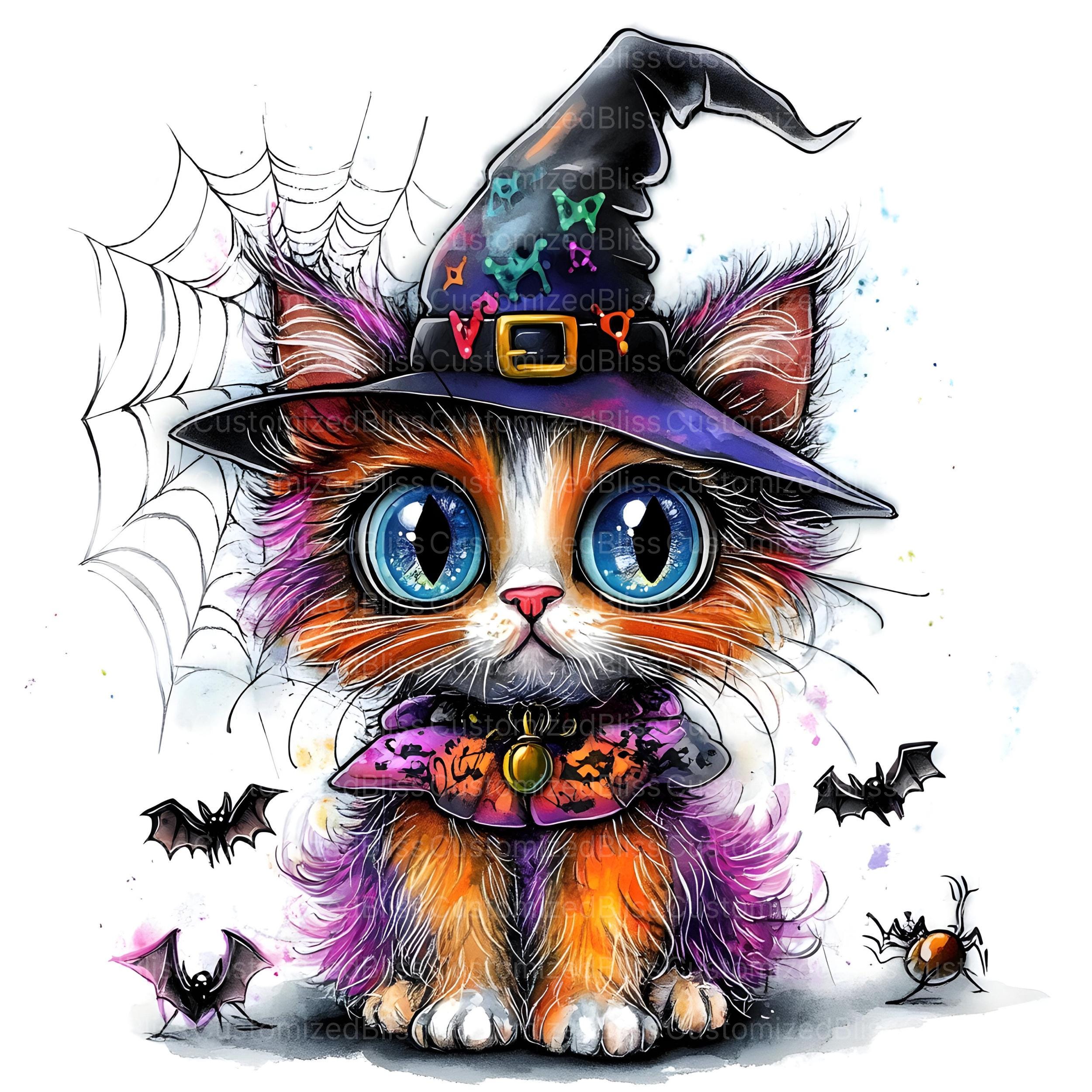 ハロウィン猫のクリップアート16点、魔女帽子をかぶった猫、不気味な