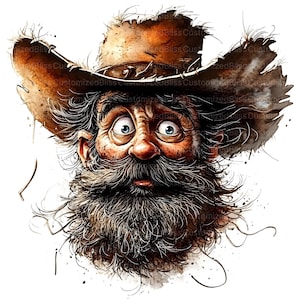 May include: A cartoon illustration of a man with a long, bushy beard and a surprised expression. He is wearing a brown cowboy hat with a tattered brim. The background is white.