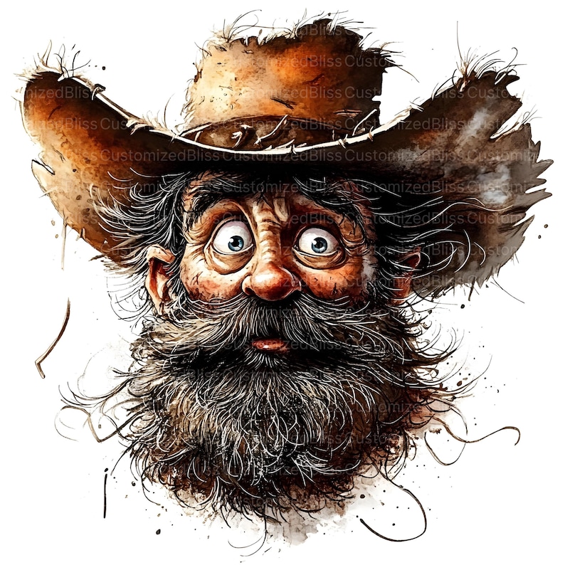 May include: A cartoon illustration of a man with a long, bushy beard and a surprised expression. He is wearing a brown cowboy hat with a tattered brim. The background is white.