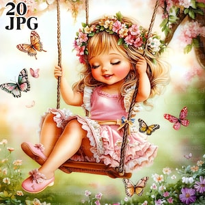 20 meisje op schommel illustraties, schommel clipart, touwschommel, kind op schommel, boomschommel, tuinschommel, tuin clipart, digitale download, JPG