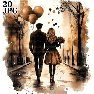 20 siluetas de parejas enamoradas, imágenes prediseñadas del día de San Valentín, archivos JPG de acuarela de alta resolución, diario basura, álbum de recortes, fabricación de tarjetas, manualidades de papel, imágenes prediseñadas de amor