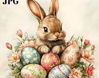 May include: A brown bunny rabbit sits in a nest of pink and green flowers and colorful Easter eggs. The eggs are decorated with floral patterns and stripes.