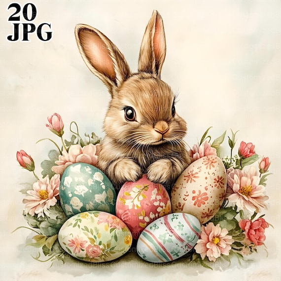 Vintage Easter Rabbit Clipart Bundle, 20 High Res Watercolor JPGs for Junk Journaling, Scrapbook, Crafts, Digital Download, Easter Eggs