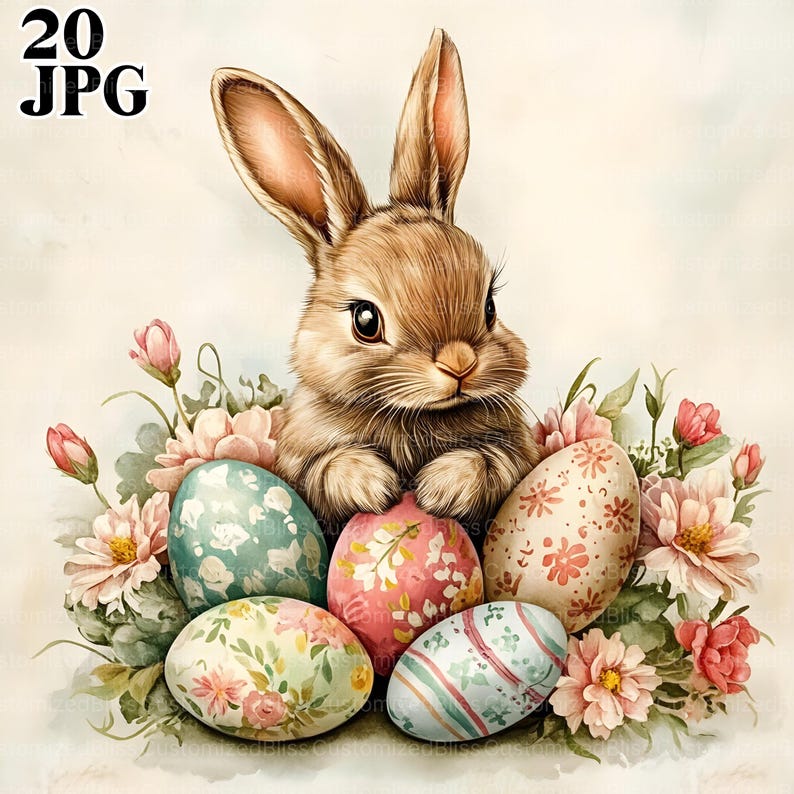 May include: A brown bunny rabbit sits in a nest of pink and green flowers and colorful Easter eggs. The eggs are decorated with floral patterns and stripes.