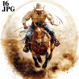 16 Vintage Cowboy rond Clipart, Clipart Cowboy, Cowboy Clip Art, Clipart cheval, Clipart aquarelle, Junk Journal, téléchargement numérique, JPG