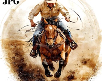 Può includere: Un cowboy a cavallo di un cavallo marrone in una competizione di rodeo. Il cavallo corre attraverso una nuvola di polvere. Il cowboy indossa una camicia marrone, jeans blu e un cappello da cowboy.
