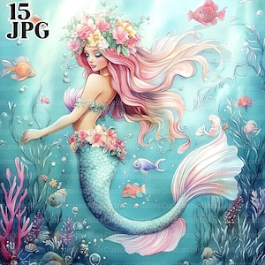 Meerjungfrauen unter Wasser Clip Art, 15 hochauflösende JPGs in Aquarell Farben für Junk Journaling, Scrapbooking, Kartenherstellung, digitaler Download, Meerjungfrau Clipart