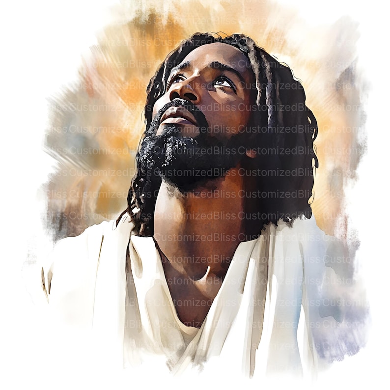May include: An artistic portrait of a person with dark skin, long dreadlocks, and a full beard, looking upwards. The person is wearing a white robe, and the background has a soft, warm color palette. The image has a painterly style.