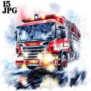 Pacchetto Clipart Camion dei Pompieri, 15 JPG di Alta Qualità, Camion dei Pompieri, Arte dei Veicoli di Soccorso, Arte dei Vigili del Fuoco, Clipart Acquerello, Uso Commerciale