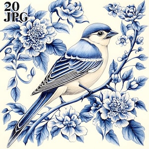 20 pájaros azules de Delft, patrón de azulejos holandeses, JPG de alta calidad, acuarela, diario basura, descarga digital, manualidades de papel, imágenes prediseñadas