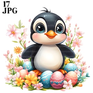 17 imágenes prediseñadas de pingüinos de Pascua, imágenes prediseñadas de huevos de Pascua, imágenes prediseñadas de Pascua, archivos JPG de alta calidad, imágenes prediseñadas de acuarela, diario basura, descarga digital, manualidades