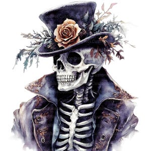 May include: A watercolour illustration of a skeleton wearing a top hat decorated with a rose and foliage. The skeleton is dressed in a dark coat with ornate detailing. The image has a gothic, vintage aesthetic.