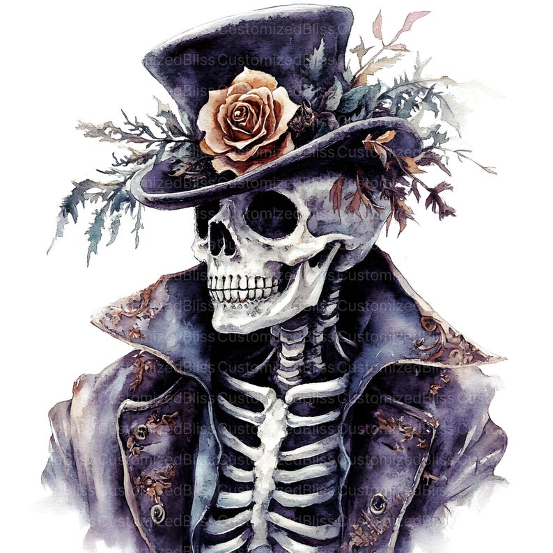 May include: A watercolour illustration of a skeleton wearing a top hat decorated with a rose and foliage. The skeleton is dressed in a dark coat with ornate detailing. The image has a gothic, vintage aesthetic.