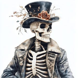 May include: A watercolour illustration of a skeleton wearing a top hat decorated with a rose and foliage. The skeleton is dressed in a dark coat, with its rib cage visible. The image has a vintage, gothic aesthetic.