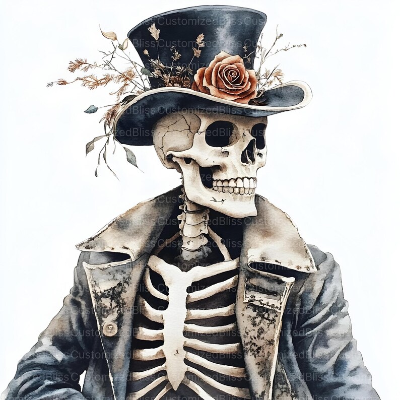 May include: A watercolour illustration of a skeleton wearing a top hat decorated with a rose and foliage. The skeleton is dressed in a dark coat, with its rib cage visible. The image has a vintage, gothic aesthetic.