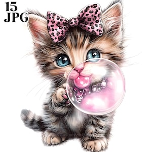 15 cliparts chaton, bubble-gum, imprimé léopard, chat mignon, clipart noeud léopard, imprimé Animal, JPG de haute qualité, téléchargement numérique, créations manuelles