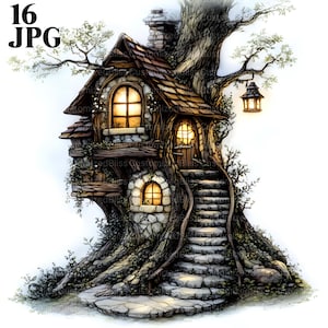Pacchetto Clipart Casa sull'Albero delle Fate, 16 JPG di Alta Qualità, Clipart Fata, Creazione di Biglietti, Artigianato di Carta, Scrapbooking, Pacchetto Clipart, Stravagante