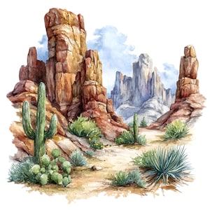Könnte beinhalten: Aquarellmalerei einer Wüstenlandschaft mit hoch aufragenden roten Felsformationen, Kakteen und Wüstenpflanzen. Das Kunstwerk zeigt einen sonnigen Tag mit blauem Himmel und weißen Wolken, der die Schönheit des amerikanischen Südwestens widerspiegelt.