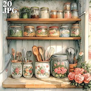 May include: A vintage kitchen shelf with glass jars filled with various dried goods, such as herbs, spices, and beans. The shelf is made of wood and has a light blue background. There are also several wooden spoons and spatulas in a ceramic jar on the counter below the shelf.