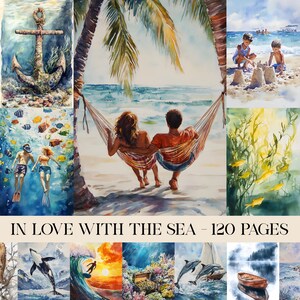 In Love With The Sea Digital Junk Journal Pages, Beach Collage Printable, Summer Digital Junk Journal Paper, Ocean Waves Ephemera, Scrapbook