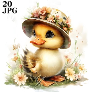 20 kleine Frühlingsblumen Ente Clipart, Aquarell Ente, süße Ente, Frühling Clipart, Kinderzimmer Clipart, hochwertige JPG, digitaler Download, Handwerk