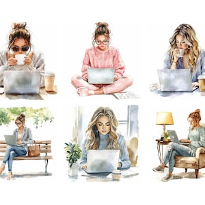 May include: Six watercolor illustrations of women working on laptops. Each woman is in a different setting, including a park bench, a living room, and a coffee shop. The women are all wearing casual clothing and have a relaxed, confident expression.
