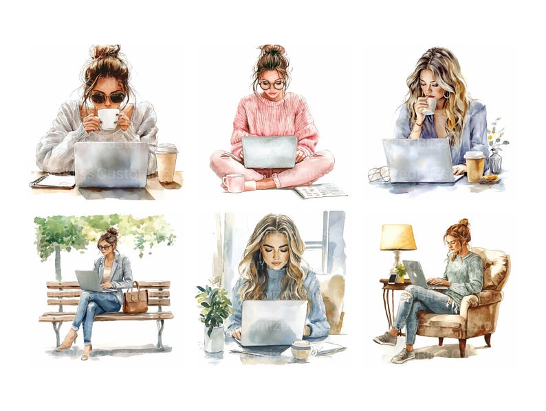 May include: Six watercolor illustrations of women working on laptops. Each woman is in a different setting, including a park bench, a living room, and a coffee shop. The women are all wearing casual clothing and have a relaxed, confident expression.
