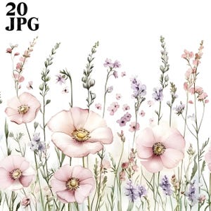 20 Pastell Blumen Clipart, Wildblumen Clipart, hochwertige JPGs, Junk Journal, digitaler Download, Papiermodelle