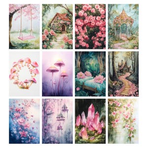 May include: A collection of 10 watercolor paintings featuring whimsical scenes with pink flowers, mushrooms, and crystals. The paintings are framed in a white border and arranged in a grid.