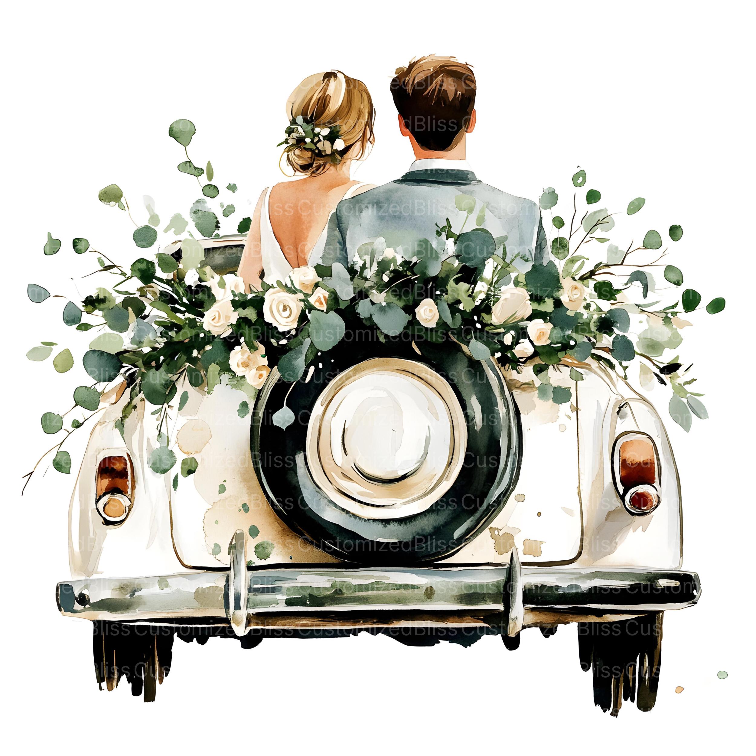 Bride and Groom Clipart, Just Married Wedding Car Clipart Bundle, 15 ...