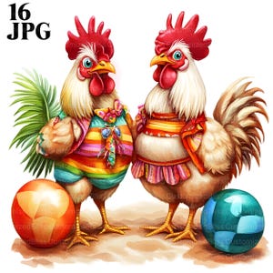 16 imágenes prediseñadas de pollos playeros de verano: un gallo y una gallina adorables con atuendos vacacionales, imágenes prediseñadas divertidas de animales de granja, archivos JPG de alta calidad, descarga digital