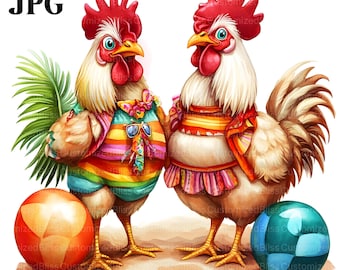16 Summer Beach Chickens Clipart, Cute Rooster & Hen in Vacation Outfits, Funny Farm Animal Clipart, High Quality JPGs, Digital Download