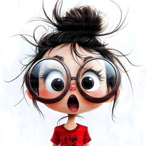 May include: Cartoon illustration of a girl with oversized glasses and a shocked expression. She has dark hair in a messy bun and wears a red t-shirt. The image has a whimsical, animated style.