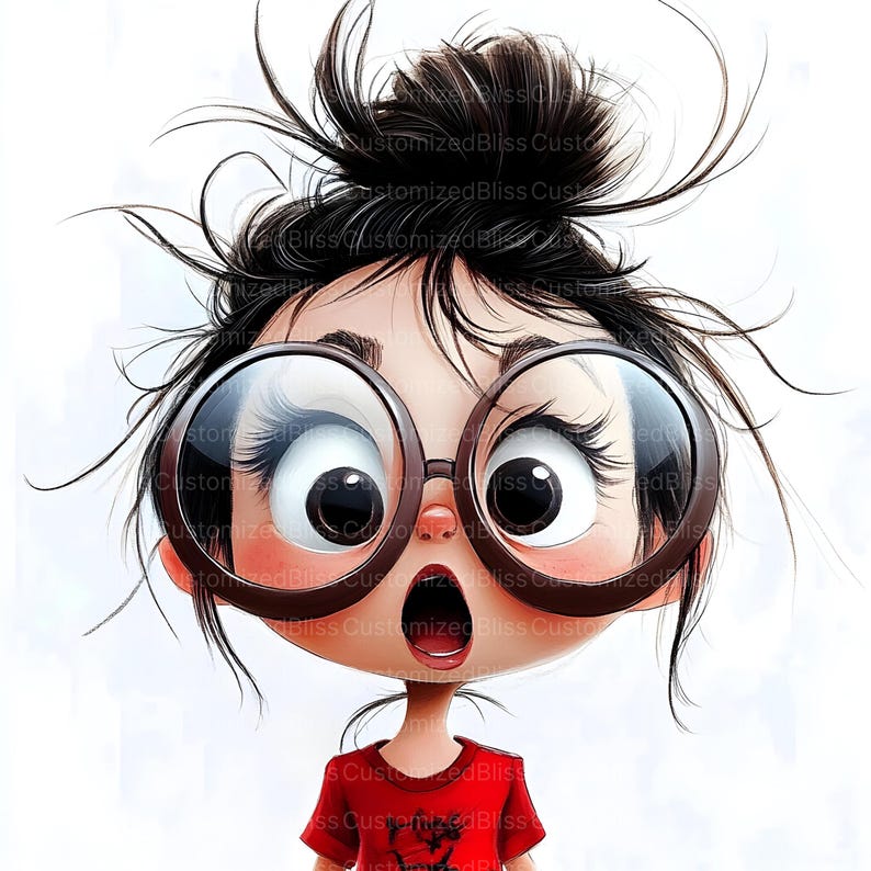 May include: Cartoon illustration of a girl with oversized glasses and a shocked expression. She has dark hair in a messy bun and wears a red t-shirt. The image has a whimsical, animated style.