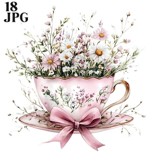 18 Clipart di tazze da tè floreali, Clipart di fiori di campo, JPG di alta qualità, Clipart di acquerelli, Diario di spazzatura, Download digitale, Carta artigianale, Stampabile