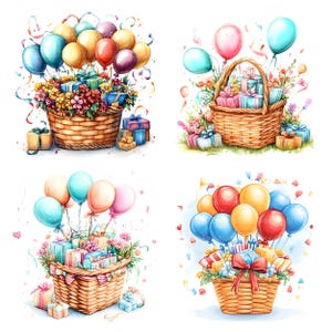 Puede incluir: Cuatro ilustraciones de acuarela de cestas de mimbre llenas de regalos coloridos y rodeadas de globos. Cada cesta est&aacute; decorada con flores y confeti.