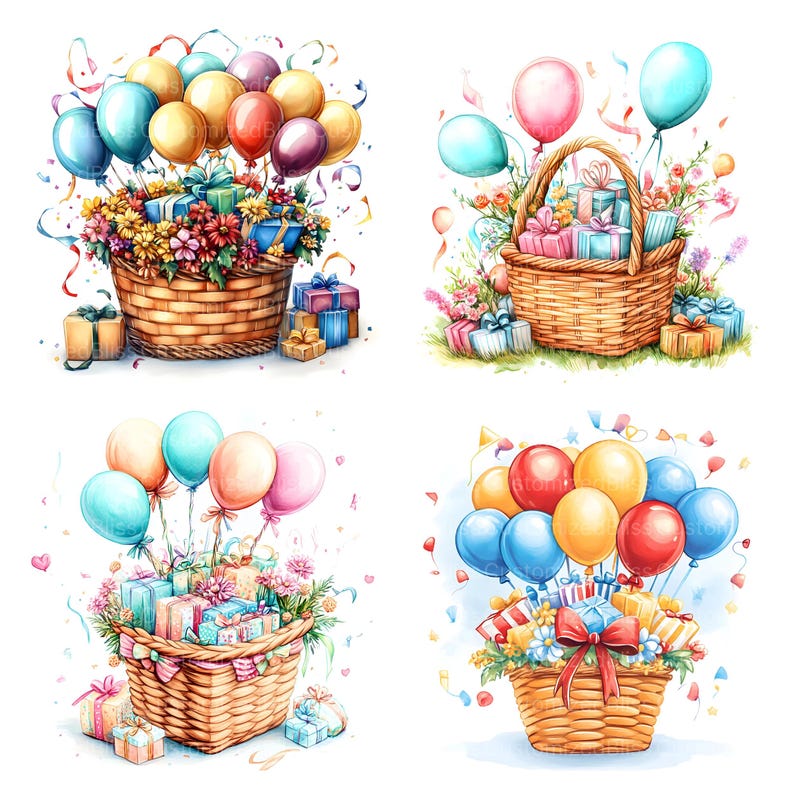 Puede incluir: Cuatro ilustraciones de acuarela de cestas de mimbre llenas de regalos coloridos y rodeadas de globos. Cada cesta est&aacute; decorada con flores y confeti.