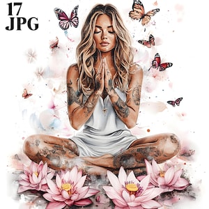 17 imágenes prediseñadas de mujer meditando en yoga, imágenes prediseñadas de meditación, archivos JPG de alta calidad, imágenes prediseñadas de acuarela, diario basura, descarga digital, manualidades de papel