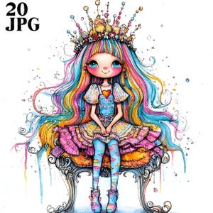 Quirky Princess Clip Art, 20 High Res Watercolor JPGs Junk Journaling, Scrapbooking, Card Making, Digital Download Kit, Whimsical Princess