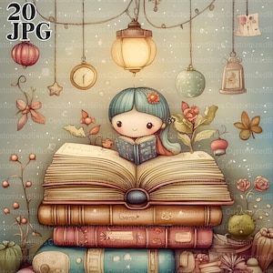 Fantasievolle Lese Clip Art Bundle, Märchenbuch, wunderliche Bücher, 20 hochwertige JPGs, Junk Journal, Gästebuch, digitaler Download