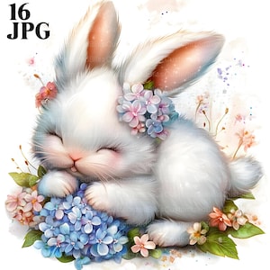 16 Cute Spring Bunny Clipart Bundle, Bunnies Clipart, Watercolor Bunny, Spring Clipart, High Quality JPGs, Junk Journal, Digital Download