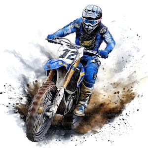 May include: Watercolor illustration of a motocross rider on a blue and yellow dirt bike, kicking up dirt. The rider wears a blue and black helmet and matching riding gear. The bike has the number 12 on the front.