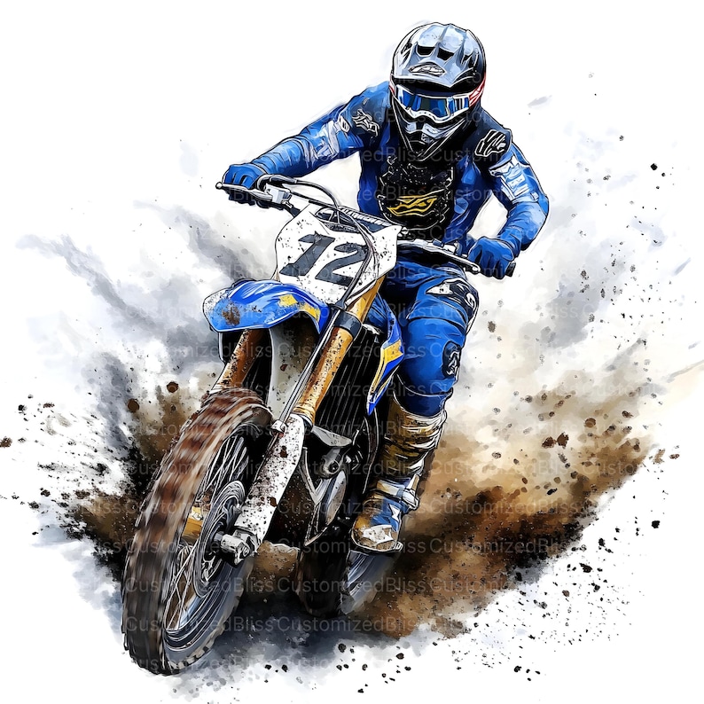 May include: Watercolor illustration of a motocross rider on a blue and yellow dirt bike, kicking up dirt. The rider wears a blue and black helmet and matching riding gear. The bike has the number 12 on the front.