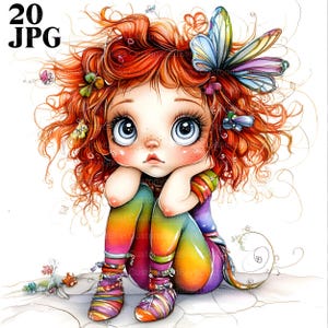 20 cliparts fille original mignon petit cheveux en désordre, JPG fantaisistes, de haute qualité, des cliparts aquarelle, Junk Journal, téléchargement numérique, créations en papier