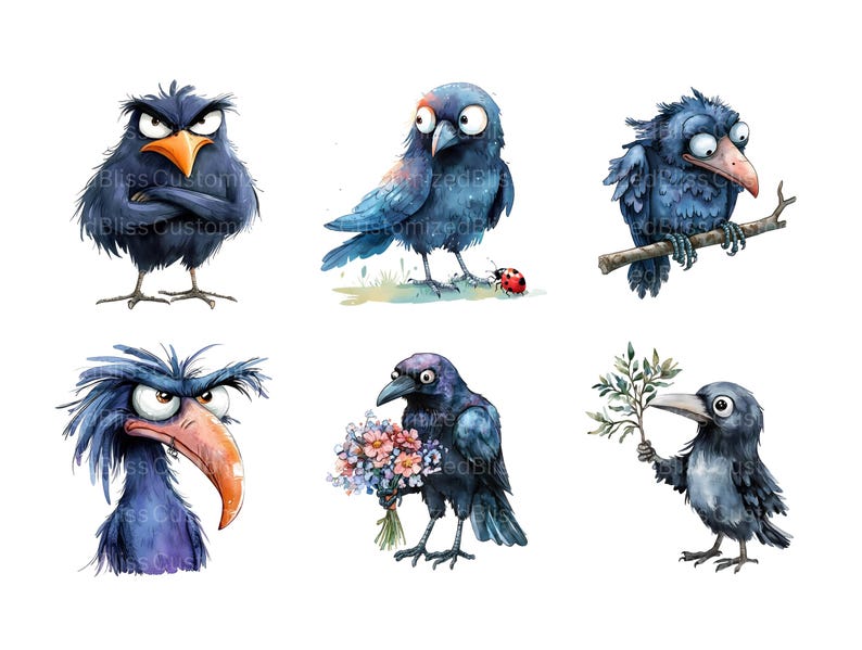 May include: Six cartoon crows with different expressions, including angry, surprised, and holding a flower bouquet. The crows are painted in shades of blue and black with white highlights.