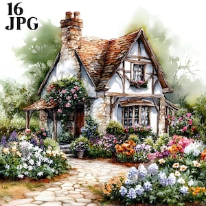 16 Cottage House with Flowers Clipart, Countryside Home, Stone House, Watercolor Clipart, Junk Journal, Digital Download, Paper Craft, JPG