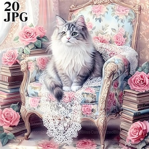 ペルシャ猫のクリップアート20点、長毛猫、シャビーシックな猫、高品質JPG、水彩画クリップアート、ジャンクジャーナル、デジタルダウンロード、ペーパークラフト