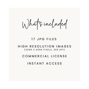 May include: A white text graphic on a light green background that says "What's included" and lists the following: 17 JPG files, High Resolution Images (4096 x 4096 pixels, 300 DPI), Commercial License, Instant Access.